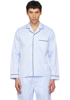 Tekla Blue Sateen Long-Sleeved Pyjama Shirt