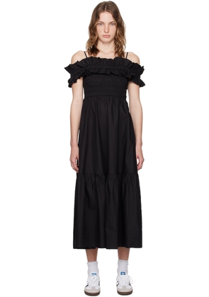 GANNI Black Shirred Midi Dress