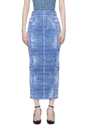 Balmain Blue Denim Effect Knit Midi Skirt