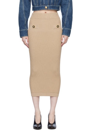 Balmain Beige Plain Ribbed Knit Midi Skirt