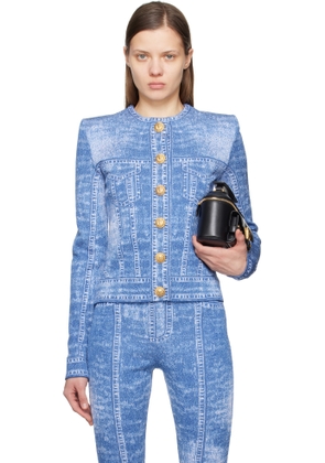 Balmain Blue Jacquard Denim Effect Knit Cardigan