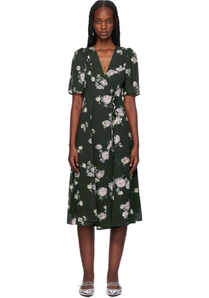 GANNI Black Floral Crepe Wrap Midi Dress