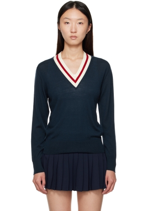 Sporty & Rich Navy 'SRC' Minimalist V-Neck Sweater