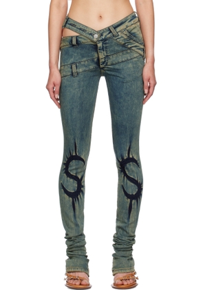 Masha Popova Blue Skinny Dollar Sign Joggins Back Zips Jeans