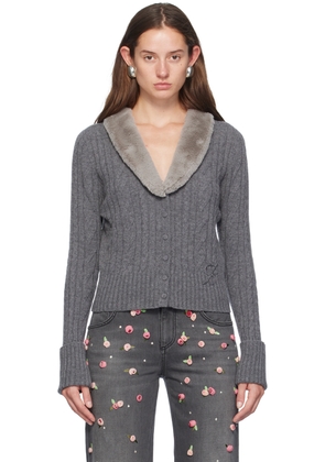 Blumarine Gray Faux-Fur Collar Cardigan