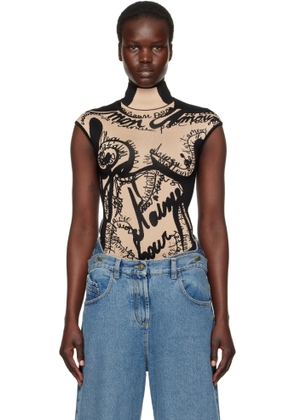 Balmain Black & Beige Jacquard Knit Torso Motif Bodysuit