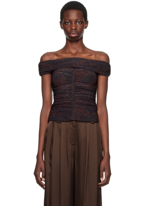 GANNI Brown Off-Shoulder Ruched Tank Top