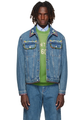 Valentino Blue Beaded Embroidery & Printed Edges Denim Jacket