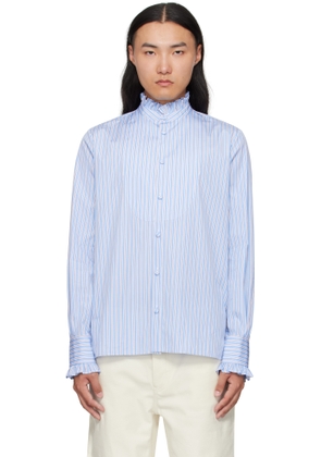 Valentino Blue Striped Cotton Ruffle Shirt