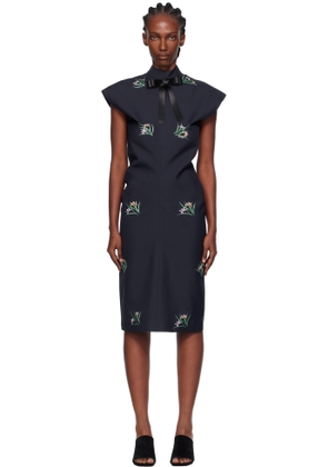 AO YES Navy Embroidery Bias Cut Midi Dress