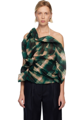 Dries Van Noten Green & Beige Draped Viscose Blouse