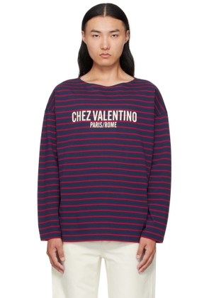 Valentino Red & Navy 'Chez Valentino' Print Long-Sleeved Cotton T-shirt
