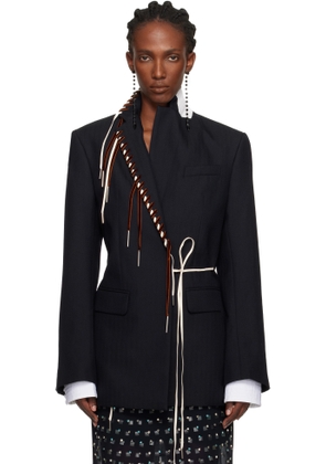 Dries Van Noten Navy Herringbone Worsted Wool Blazer