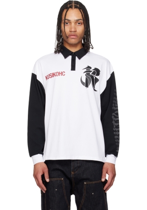 KUSIKOHC White & Black Rugby Long Sleeve Polo