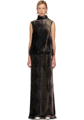 Dries Van Noten Khaki & Purple Printed Evening Maxi Dress