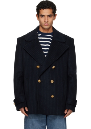 Balmain Navy Short Striped Wool Pea Coat