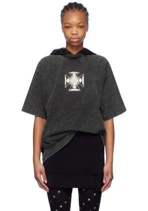 We11done Black Heart Cross Hooded T-shirt