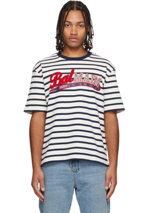 Balmain White & Navy Marinière Baseball Logo T-shirt