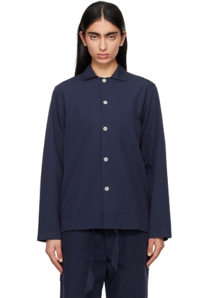 Tekla Navy Poplin Long-Sleeved Pyjama Shirt