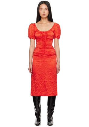 GANNI Red Crinkled Midi Dress