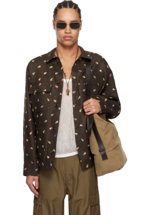 vowels Brown Embroidered Linen Chore Jacket