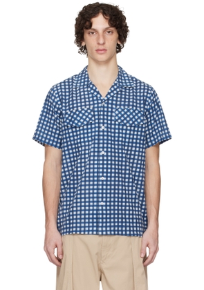 Drake's Blue Gingham Check Block Print Shirt