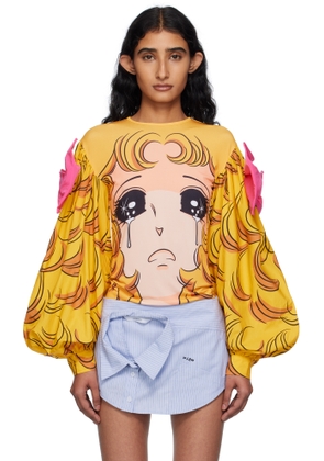 Pushbutton Yellow Crying Girl Puff Sleeve Ribbon T-shirt