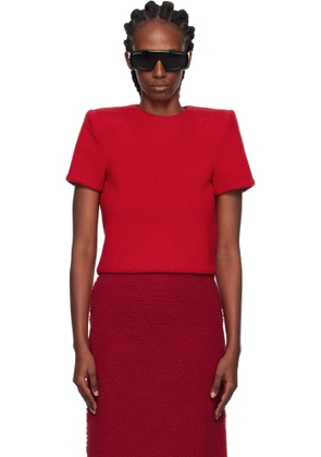 Pushbutton Red Curvy Shoulder Knitted T-shirt