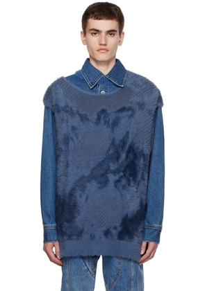 Feng Chen Wang Blue Landscape Painting Vest & Denim Jacket Set