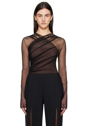Nensi Dojaka Black & Brown Semi-Sheer Gathered Long Sleeve Bodysuit