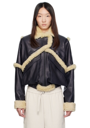 Magda Butrym Navy Shearling Leather Bomber Jacket