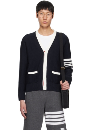 Thom Browne Navy Cotton 4-Bar Relaxed Fit Hector V Neck Cardigan