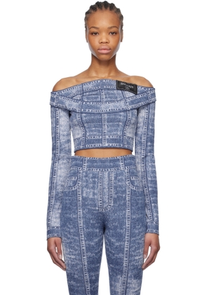 Balmain Blue Double Collar Denim Trompe L'oeil Top