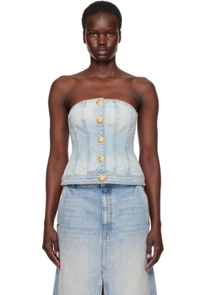 Balmain Blue Buttoned Denim Corset Top