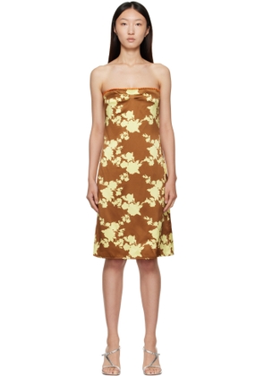 Versace Brown & Yellow Wild Roses Strapless Midi Dress