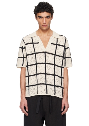 COMMAS Off-White & Black Crochet Check Open Placket Polo