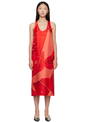Ferragamo Red Fish Print Silk Maxi Dress
