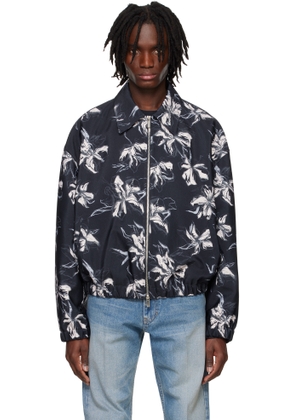 System Navy Flower Printed Bomber Jacket
