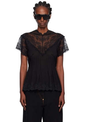Pushbutton Black Lace Trim Darted Top