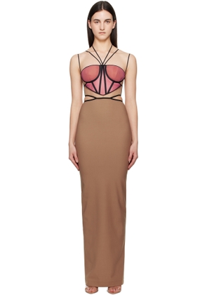 Nensi Dojaka Tan & Pink Leila Signature Corset Maxi Dress