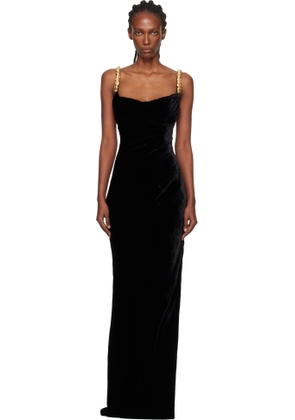 Balmain Black Embroidered Button Velvet Slit Maxi Dress
