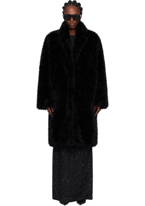 Pushbutton Black Notched Lapel Faux-Fur Coat