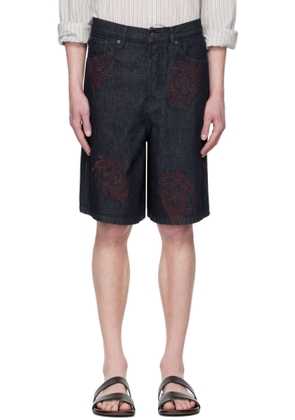 Dries Van Noten Navy Embroidered Pattern Denim Shorts