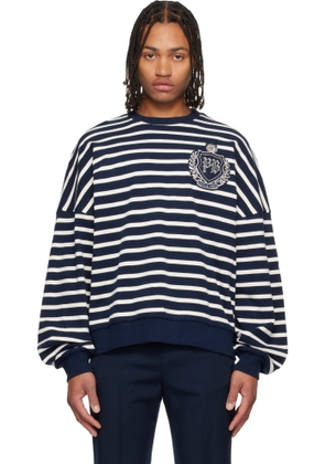 Balmain Navy & White Cotton College Emblem Breton Stripes Sweatshirt