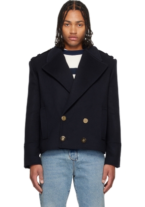 Balmain Navy Cropped Wool Reefer Jacket
