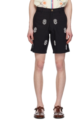 HARAGO Black Beadwork Embroidered Long Shorts