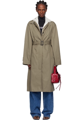 Pushbutton Khaki Hooded Single Trench Coat