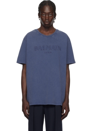 Balmain Blue Loose Vintage 'Balmain' Embroidery T-shirt