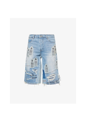 Mens Who Decides War By Ev Bravado Mid-Rise Patchwork Denim Shorts