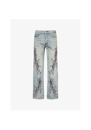 Mens Who Decides War By Ev Bravado Scratched Embroidered Denim Jeans